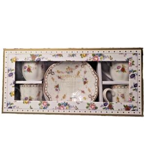 Shabby Chic Teaware Collection Fine Porcelain Set Of 4 Cup/Saucer 2”D Cup New